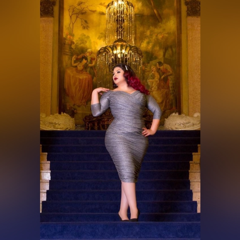 Pinup Couture Metallic Silver Ruched Off-Shoulder Midi Dress